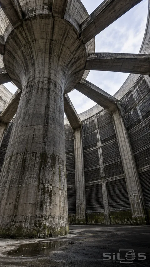 A large flared concrete column supports radial beams inside an empty cooling tower; with ribbed walls and a puddle on the floor.