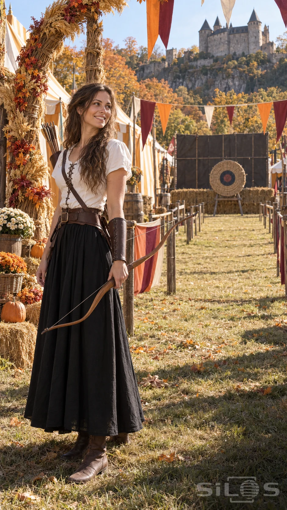 A woman in a white blouse and long black skirt holds a lowered wooden bow at an autumn fair.