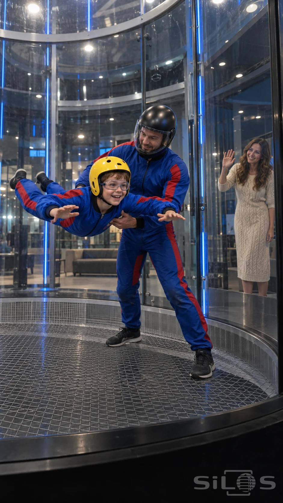 A boy floats beside an instructor in an indoor flight chamber while his mother watches through the glass.