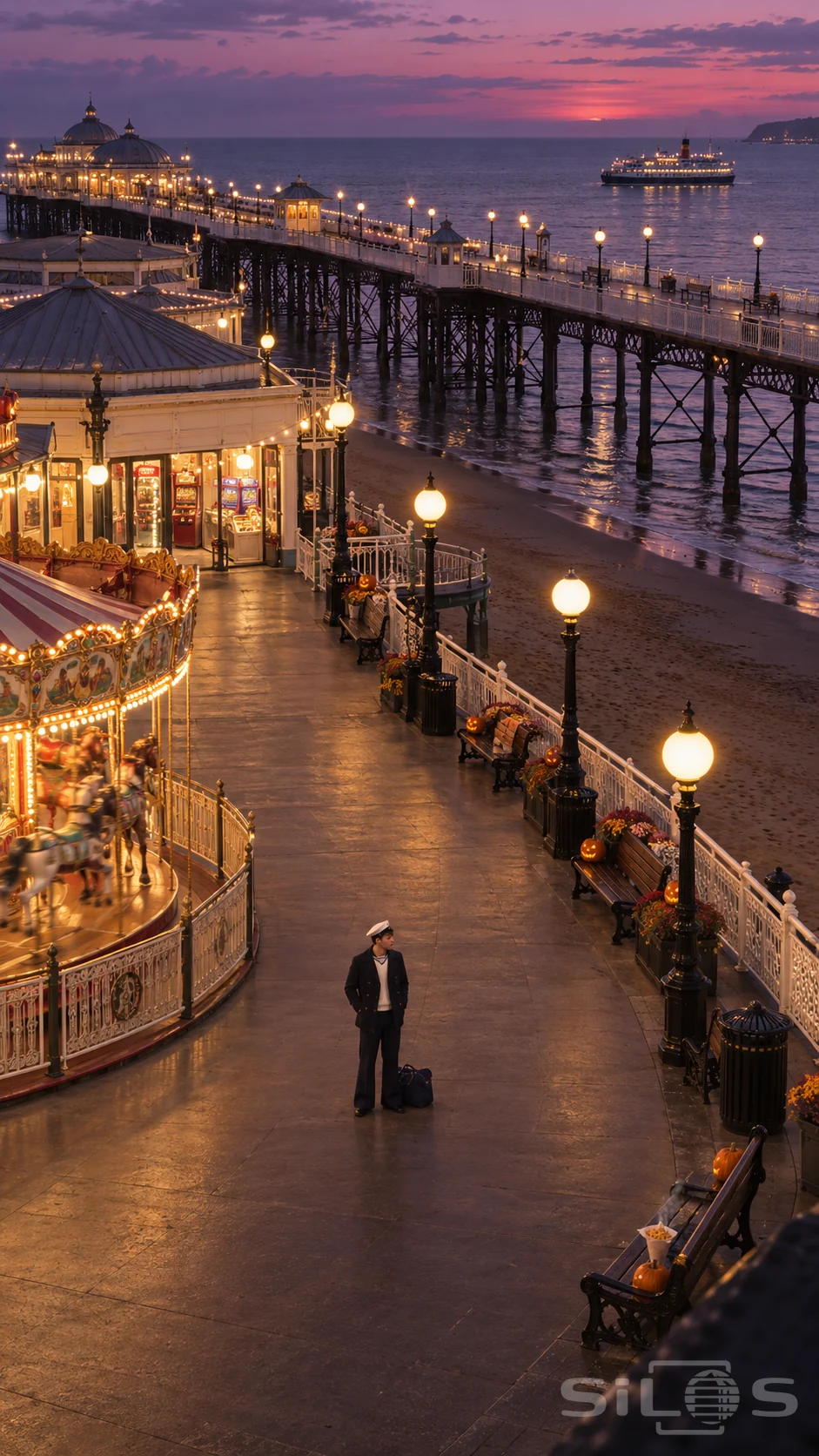 High view over a brightly lit empty promenade with one sailor, a turning carousel, long pier and distant ferry.