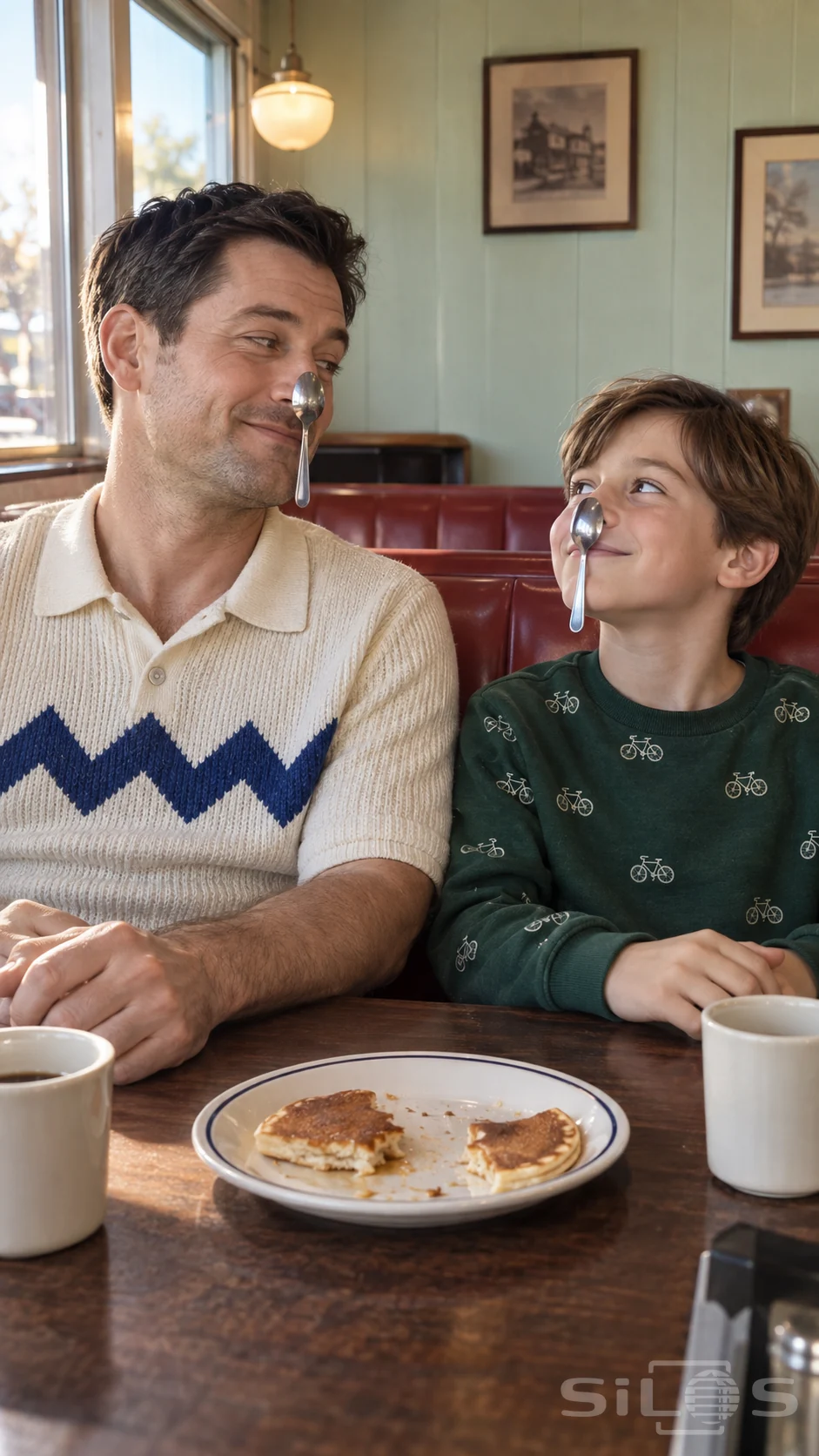 Father and son attempt a spoon balance with teaspoons resting on their noses at a red diner booth.