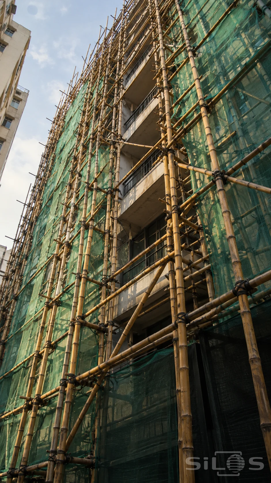 Bamboo scaffolding with dark lashings and green safety mesh surrounds a tall facade with exposed concrete balconies.