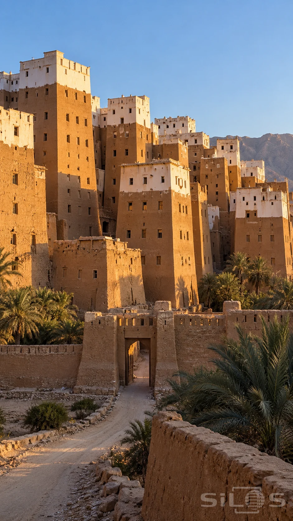 Tall ochre earthen houses with whitewashed upper stories cluster behind a low gateway and palms in warm side light.