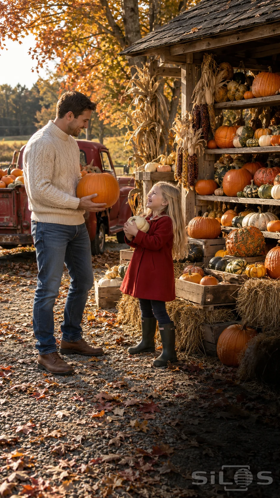 A father in a cream cable-knit sweater holds an orange pumpkin beside his daughter in a red coat at a rustic farm stand with an old red pickup.