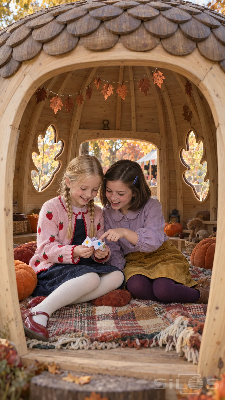 Paper fortune teller held by two laughing girls, one in a strawberry cardigan, inside an acorn playhouse with leaf windows.