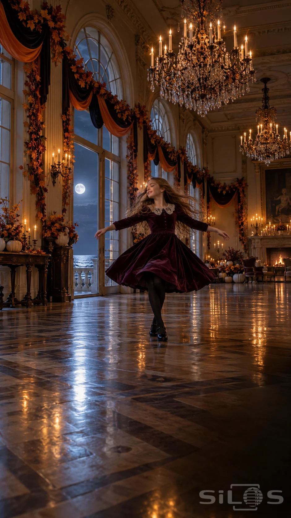 A fully dressed girl twirls in a plum velvet dress beneath candlelit chandeliers with autumn garlands and moonlit sea windows.