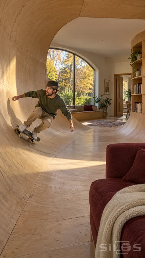An adult skateboarder makes a low turn on a curved plywood wall beside a red sofa; rounded bookcase and sunlit garden window.