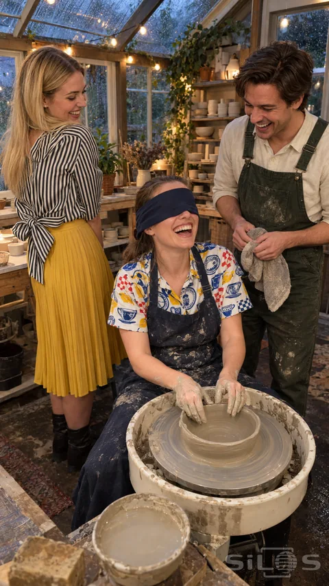 Three adult friends laugh during a blindfold pottery game; with a clay bowl; striped bow blouse and yellow pleated skirt.