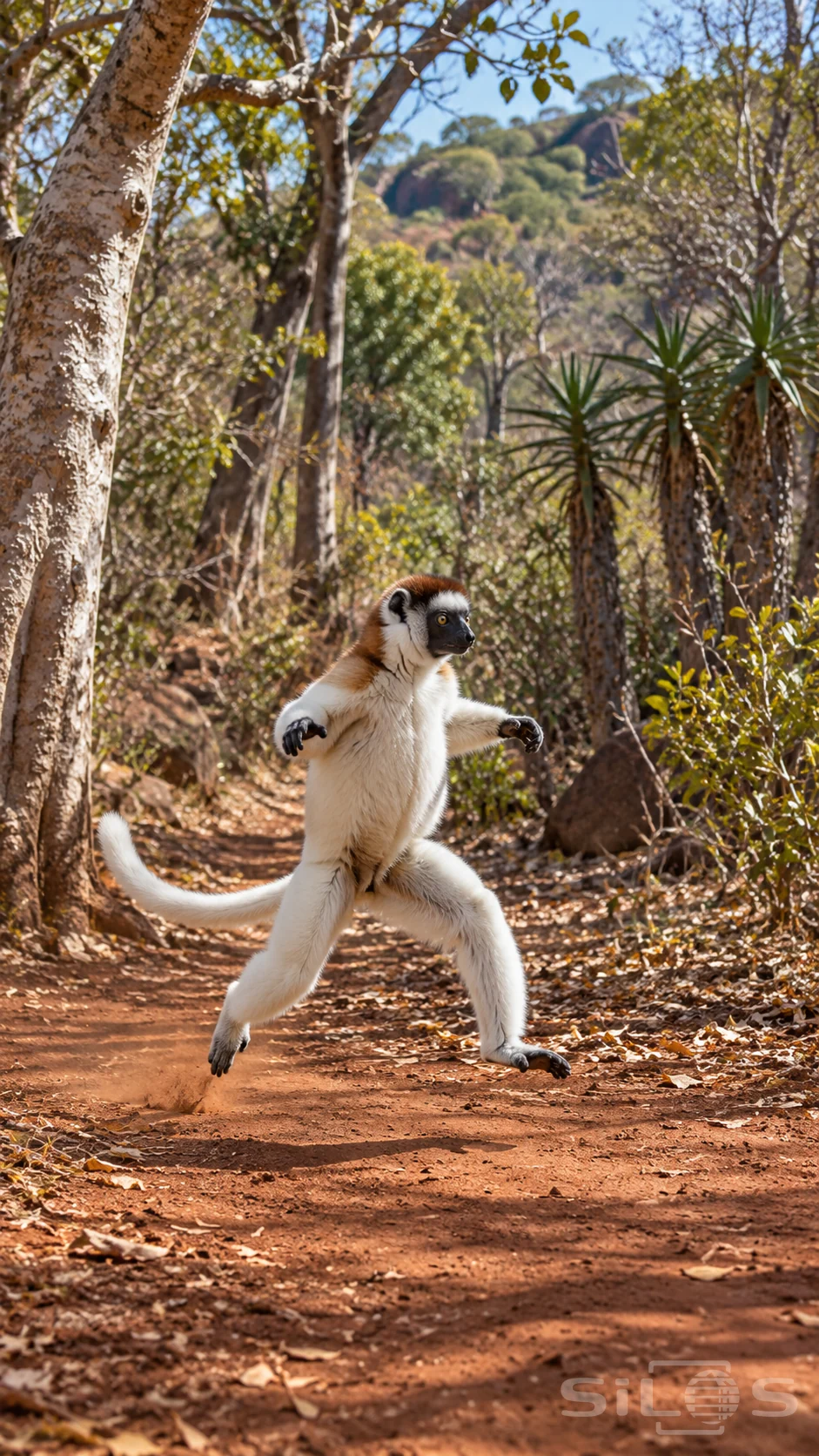 A pale sifaka bounds sideways across a red-earth clearing with raised arms and separated hind feet above a small shadow.