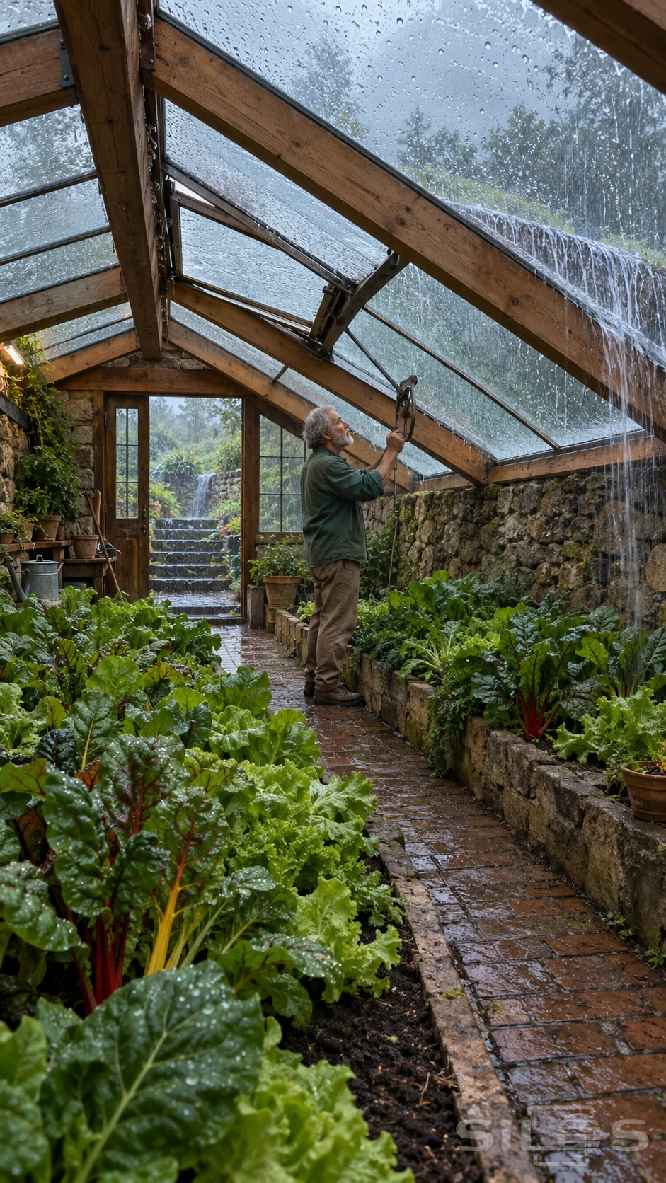 A gardener closes a roof vent inside a rain-soaked sunken glasshouse with leafy beds, heavy timber beams and a wet brick path.