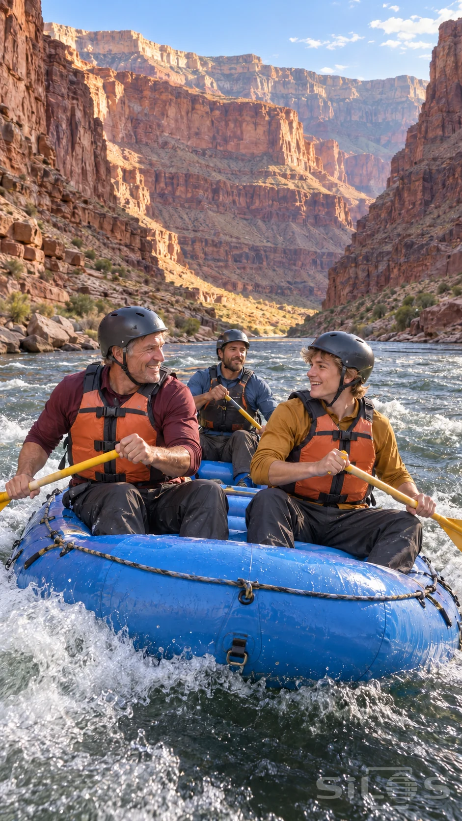 Canyon rapids surround a blue inflatable raft carrying a smiling father and son with their guide below layered red cliffs.
