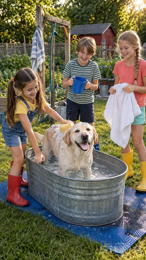 Three children give a cream-colored dog a dog bath in a garden tub; using a sponge; blue jug and fluffy white towel.