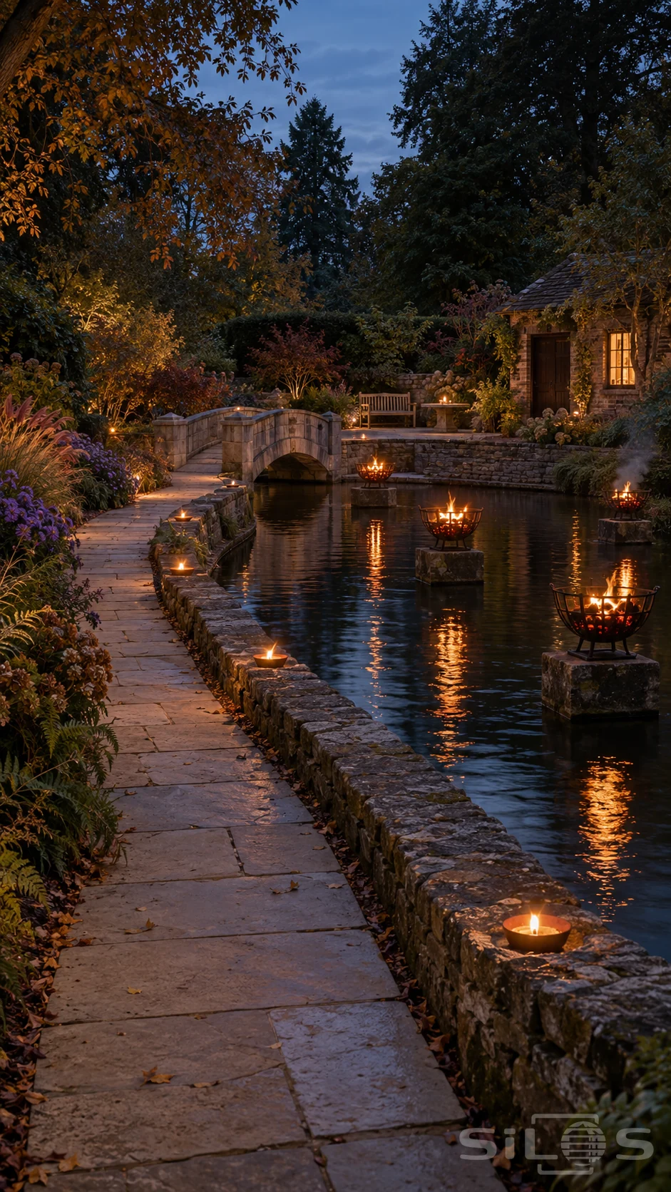 A curved garden path follows flame cups and iron fire baskets beside a pool, with a stone bridge, bench and small brick garden room.