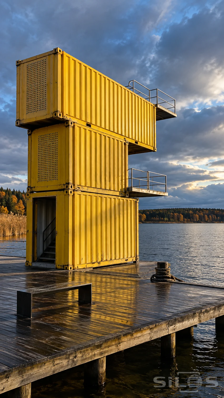 Three stacked yellow containers form a diving tower on a wet wooden deck beside a lake.