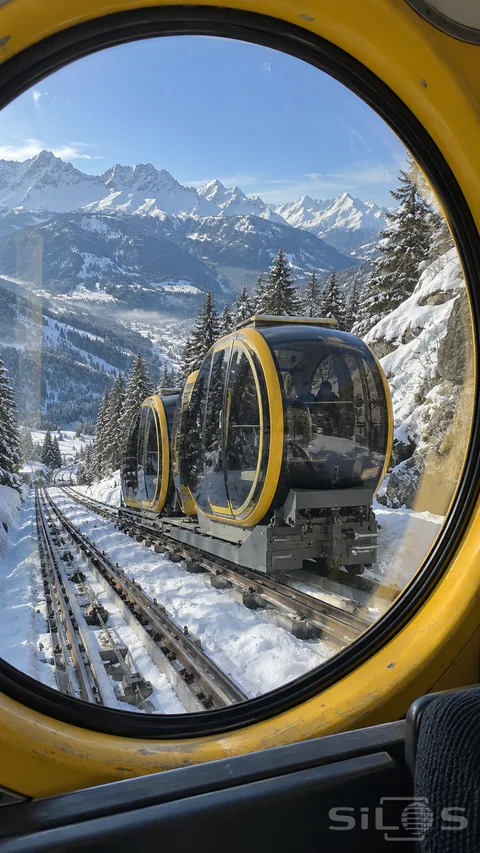 A yellow funicular passes the round window of another cabin on parallel snowy railway tracks above a mountain valley.