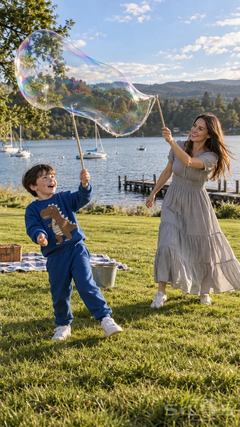 Mother and boy in a blue dinosaur sweatshirt making a giant bubble by the lakeside with wooden bubble wands.
