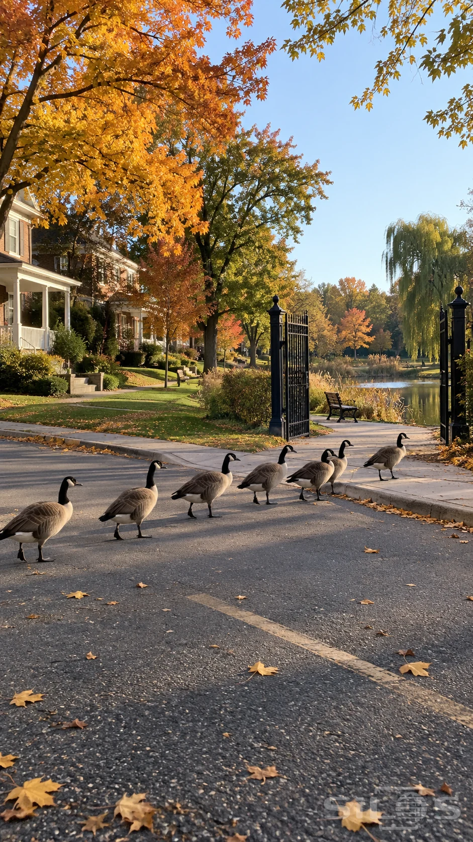 Geese crossing a quiet autumn street form a small line toward an open park gate and pond beneath golden maple trees.