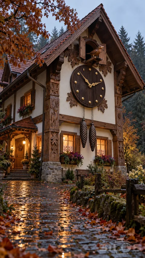 A cuckoo clock house with carved timber posts and a projecting wooden bird glows above wet autumn cobbles.