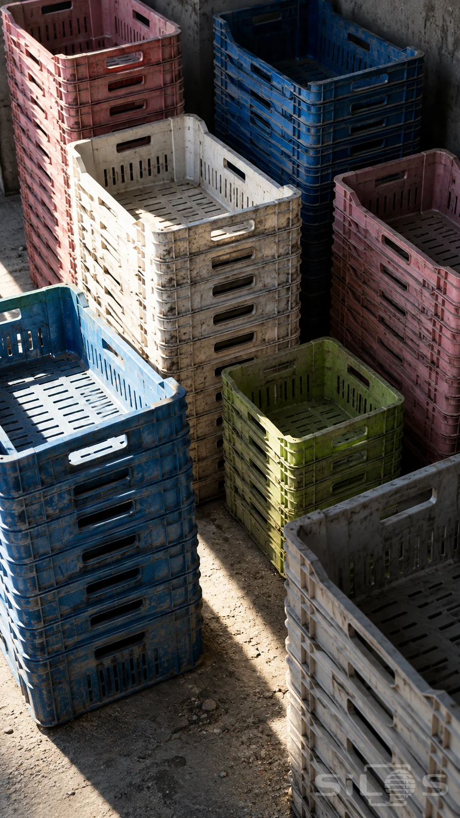 Worn market crates in faded pink, cobalt, white and lime, nested at different heights with scratched handles and a diagonal shaft of sunlight.