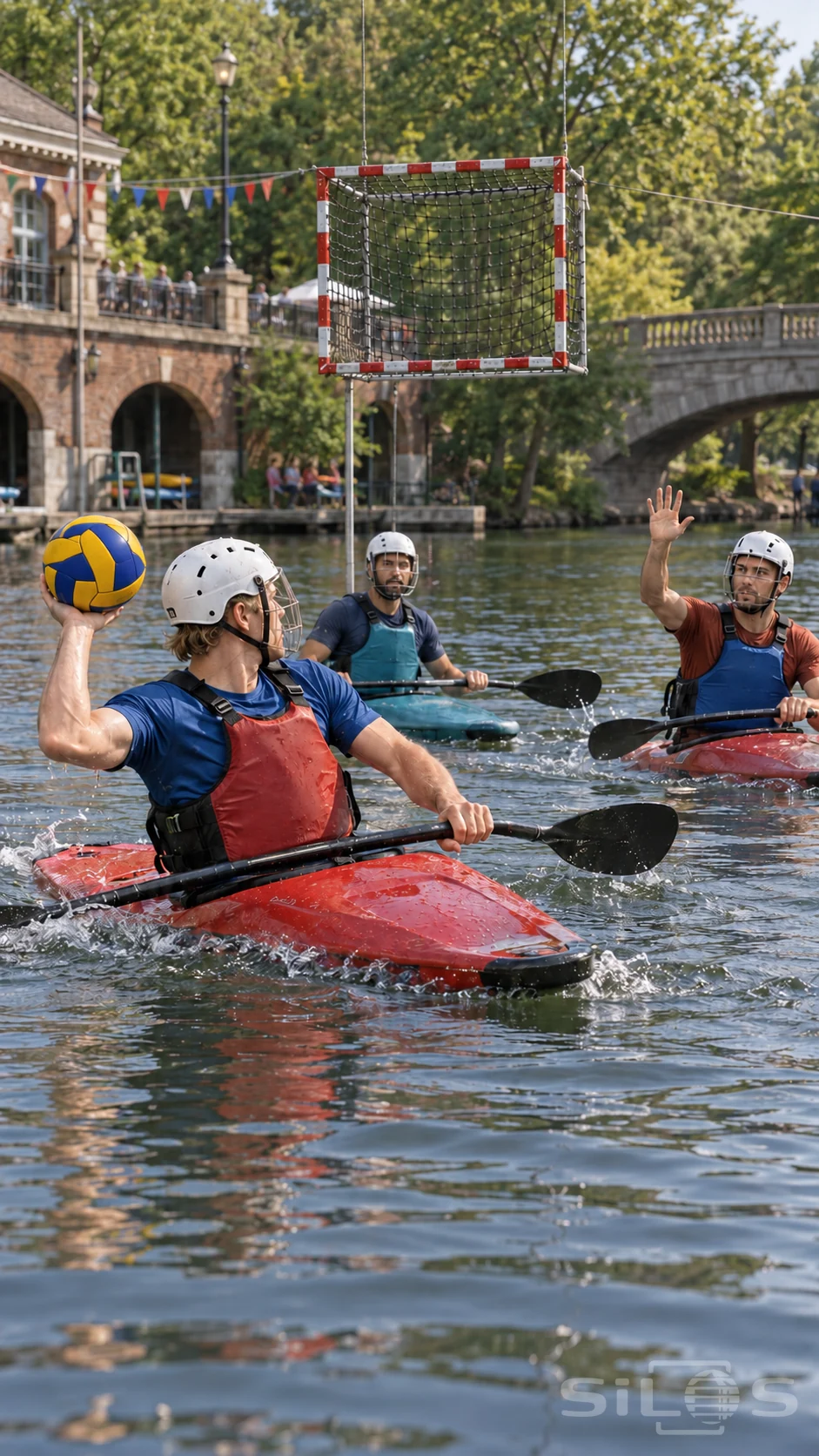 Canoe polo pass forms between three helmeted men in short kayaks beneath a suspended goal on a sunlit basin.