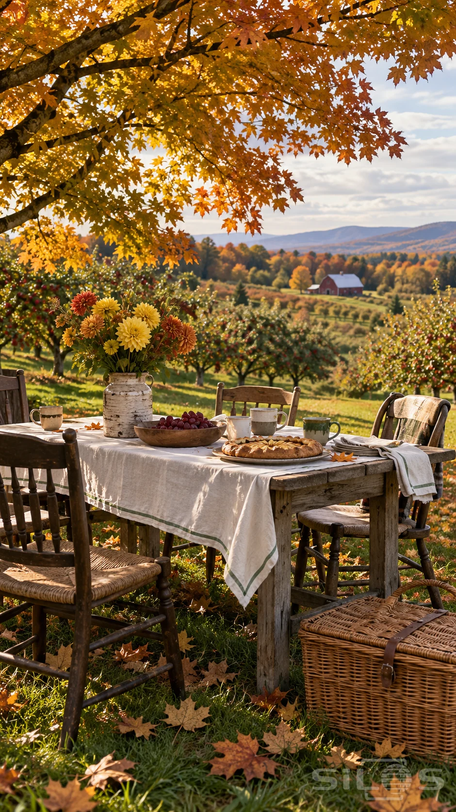 A Vermont picnic table holds an apple galette and birch vase beneath golden branches overlooking an autumn orchard.