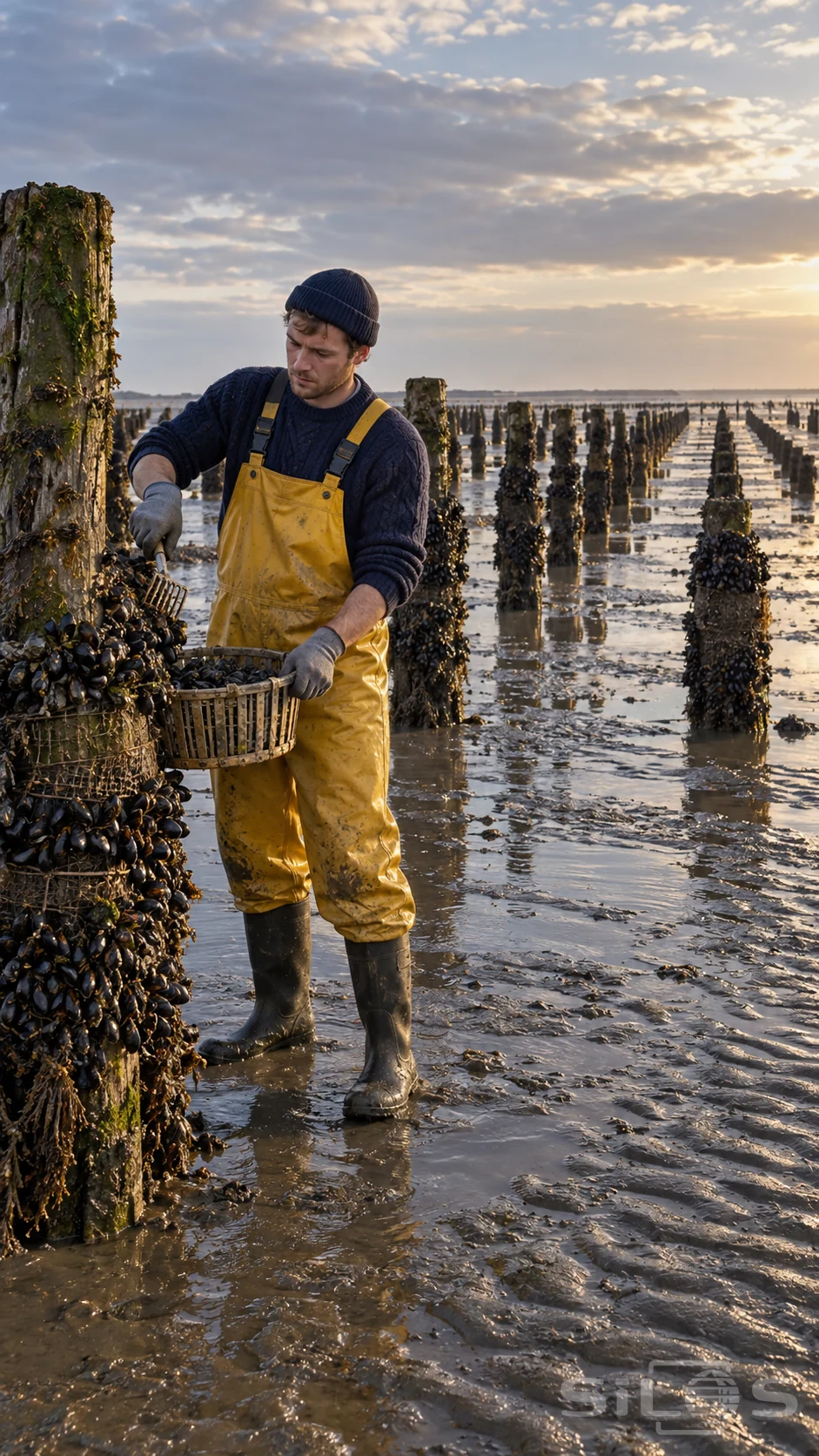 A man in yellow waterproofs gathers a mussel harvest into a shellfish basket beside rows of tidal mussel posts.