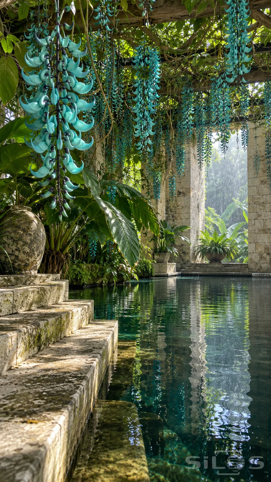 Jade vine racemes hang turquoise flowers above weathered pond steps in a lush stone water court with rain beyond an open doorway.