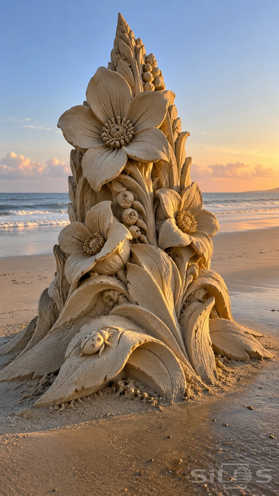 A tall sand sculpture with large flowers, leaves and a small carved ladybird stands beside the sea at sunrise.