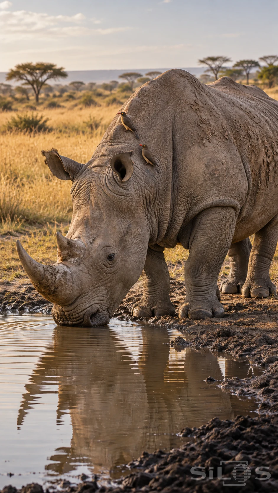 Two oxpeckers perch on a rhinoceros drinking from a muddy waterhole beside golden grass and scattered trees.