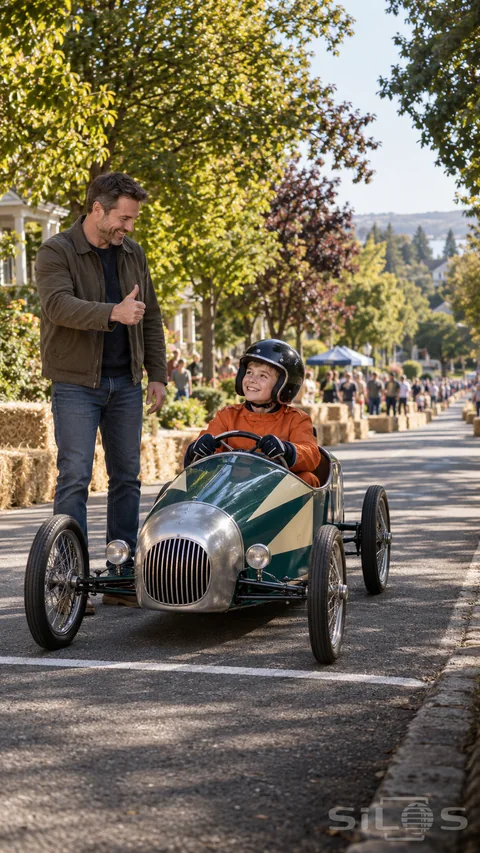 A helmeted young soapbox driver in orange coveralls sits in a teal racer as his father gives a thumbs-up beside the course.