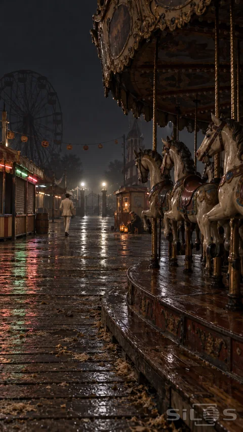 Painted carousel horses beside a wet carnival boardwalk; with a small man; pumpkin bunting and distant white gate lights.