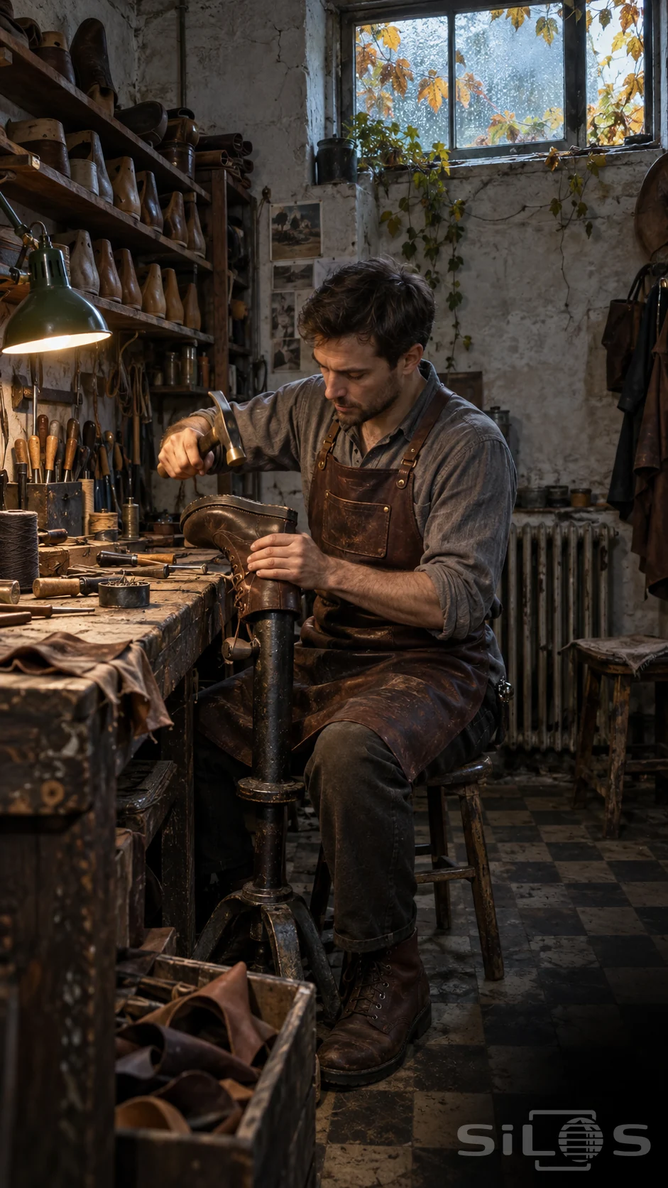 A cobbler repairs a leather boot on an iron shoe last at a wooden bench, wearing a brown leather apron.