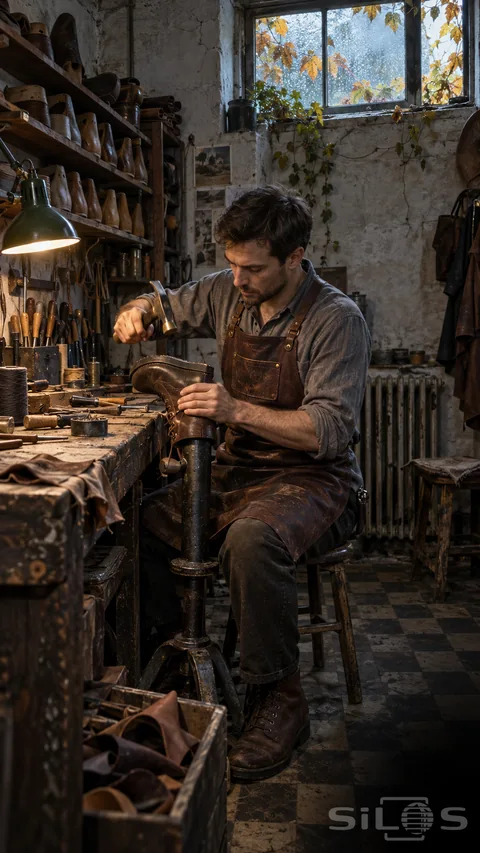 A cobbler repairs a leather boot on an iron shoe last at a wooden bench; wearing a brown leather apron.