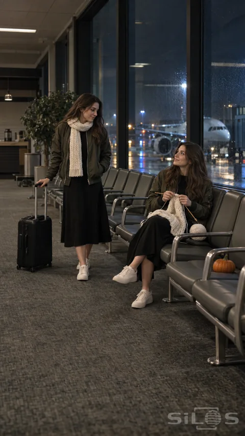Two identical women face each other in an airport; one wearing a cream scarf and the other knitting its match.