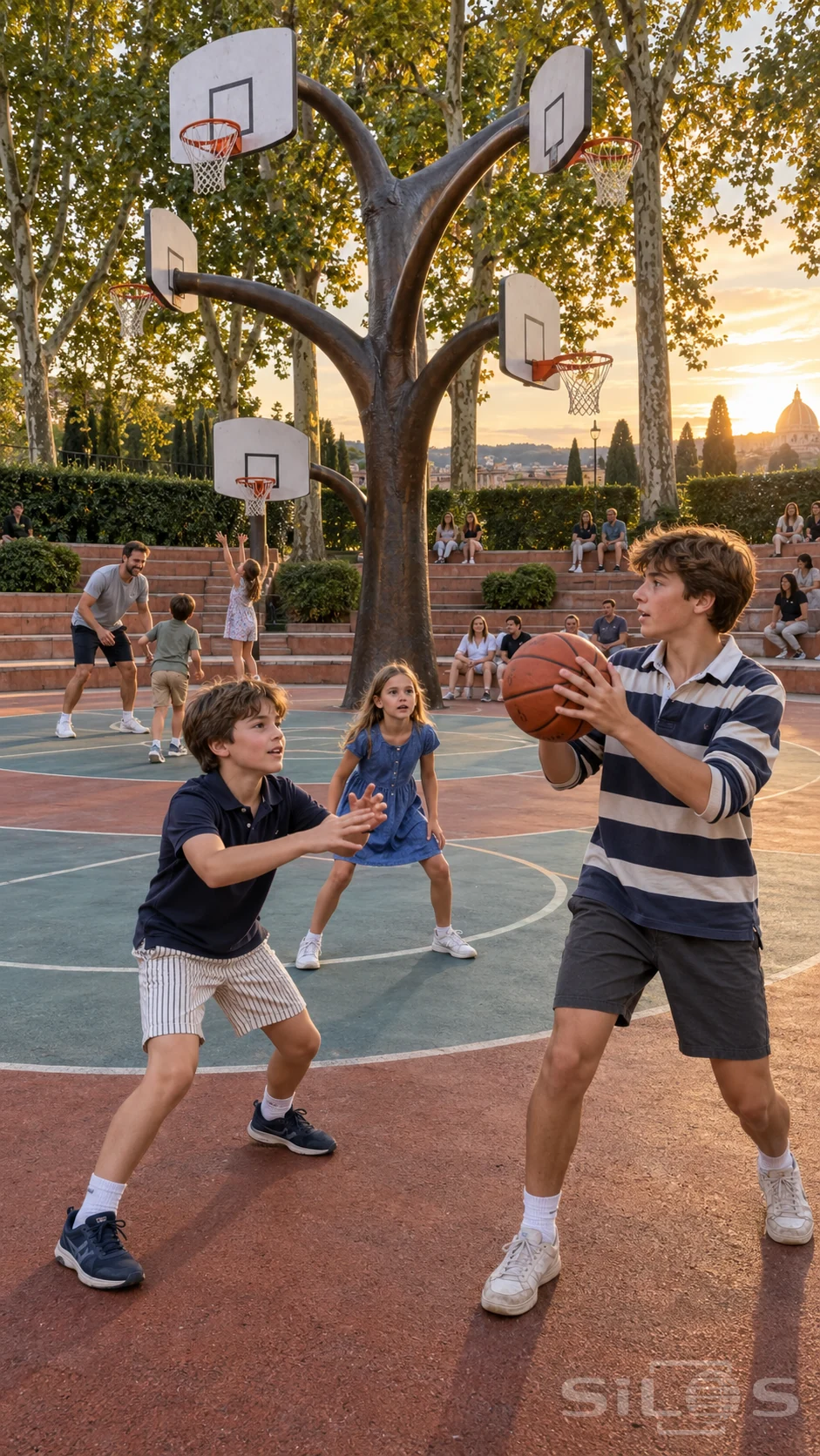 Three siblings play beneath a basketball tree in a sculptural court while families watch from broad terracotta steps.
