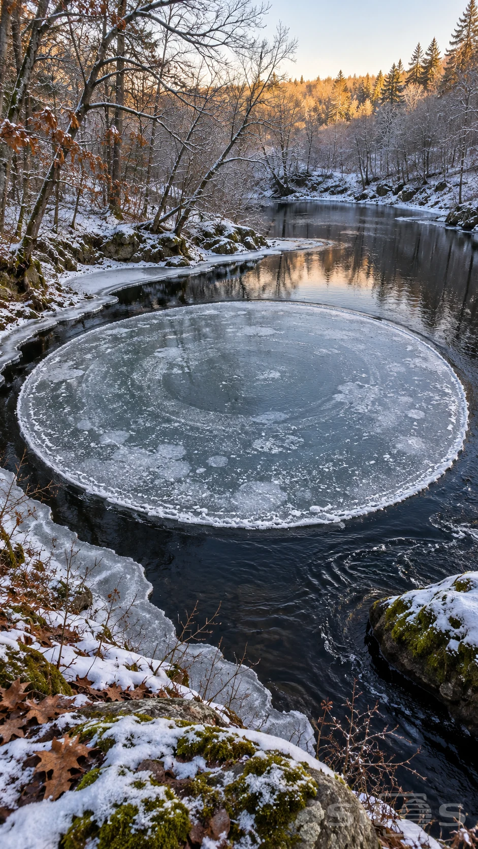 A large circular sheet of frosted ice sits within dark flowing water at a snowy woodland river bend.
