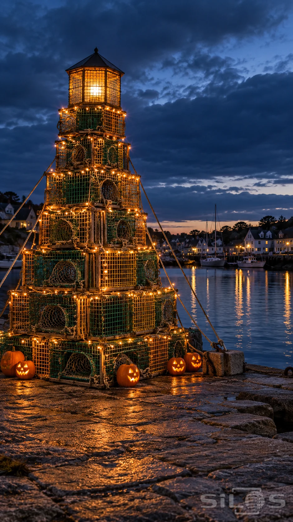 Lobster traps form a stepped Halloween harbor beacon with amber lights and carved pumpkins beside still blue water.