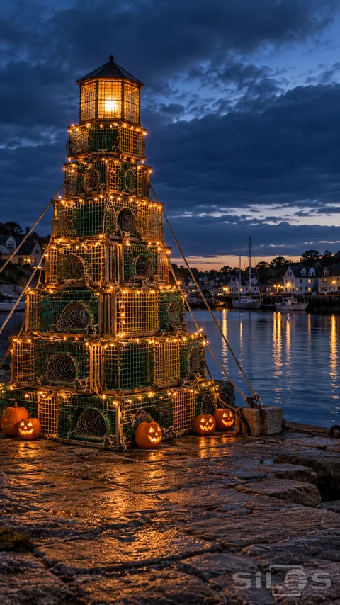 Lobster traps form a stepped Halloween harbor beacon with amber lights and carved pumpkins beside still blue water.