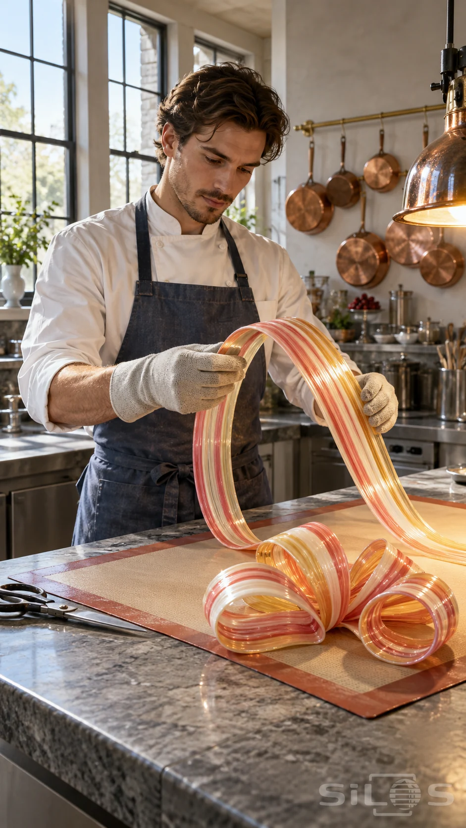 Pastry chef holding a glossy striped pulled sugar ribbon above a work mat and a finished sugar bow.