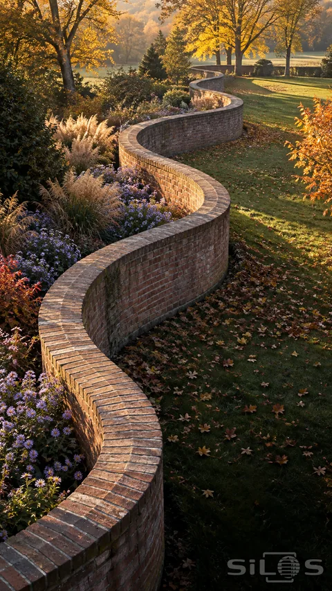 A serpentine brick wall curves through a garden beside pale asters; bronze grasses; green lawn and fallen leaves.