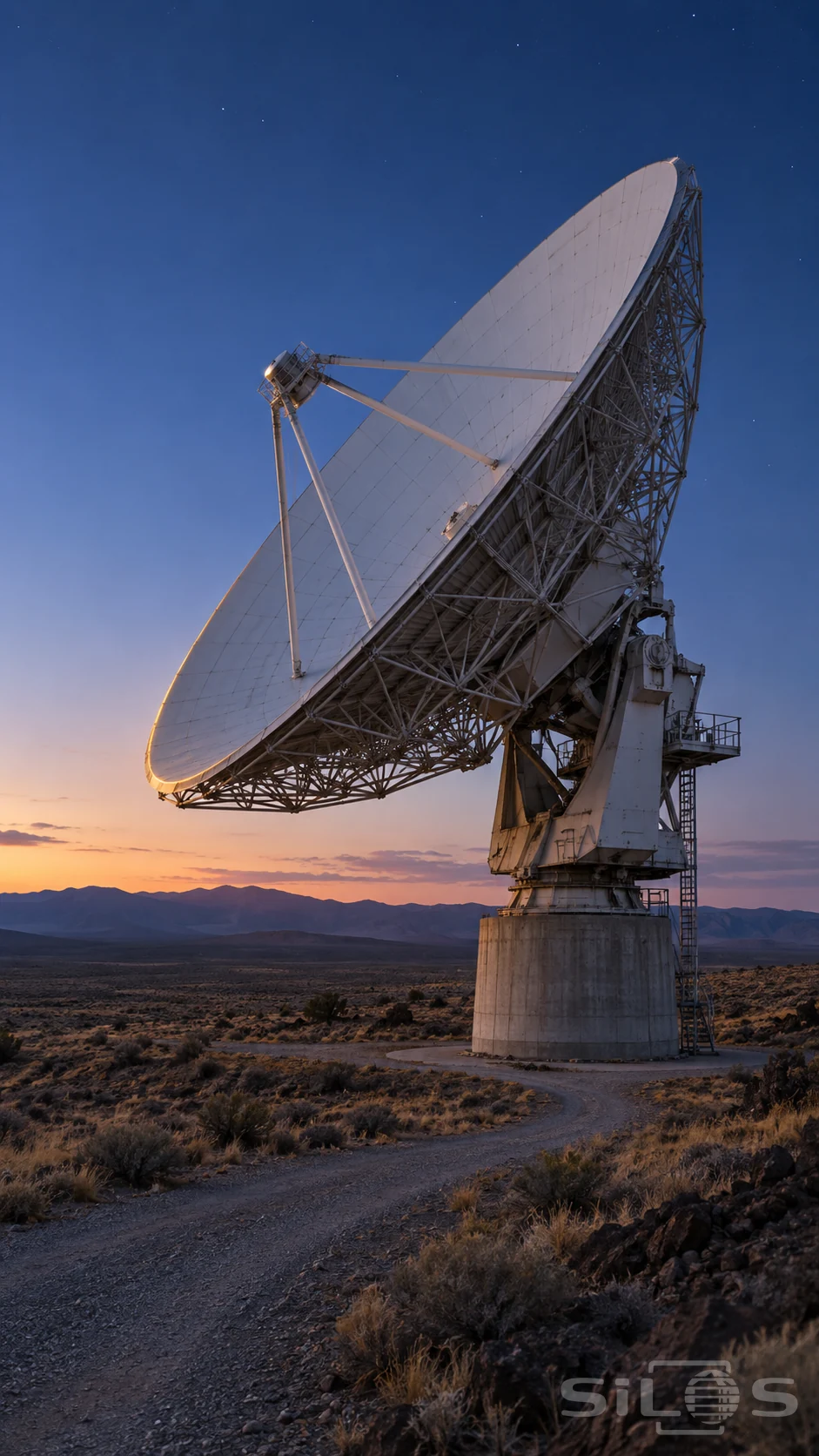 A large radio dish and steel trusses stand on a concrete base above desert scrub and a curving gravel road at dusk.