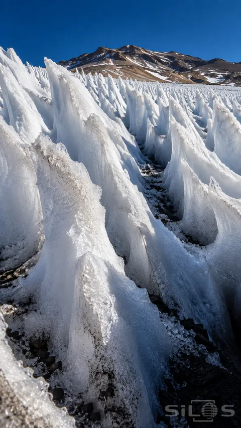 Sharp white snow blades rise in irregular rows above dark gravel; with deep blue shadows and a bare ridge beyond.