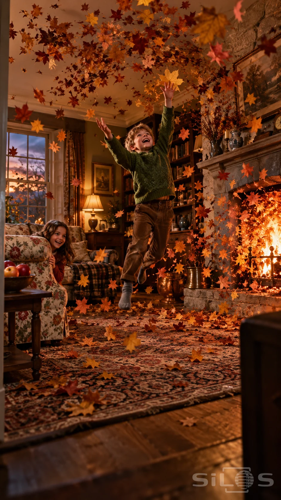 A boy in a green jumper leaps beneath swirling autumn leaves while a girl peeks around a floral sofa beside a stone fireplace.