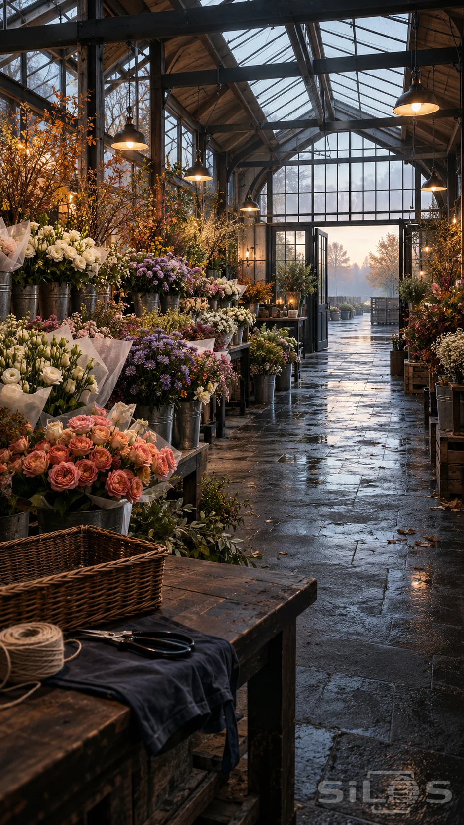 Flower market coldroom with buckets of roses and asters, a timber packing bench and open doors onto a wet courtyard.