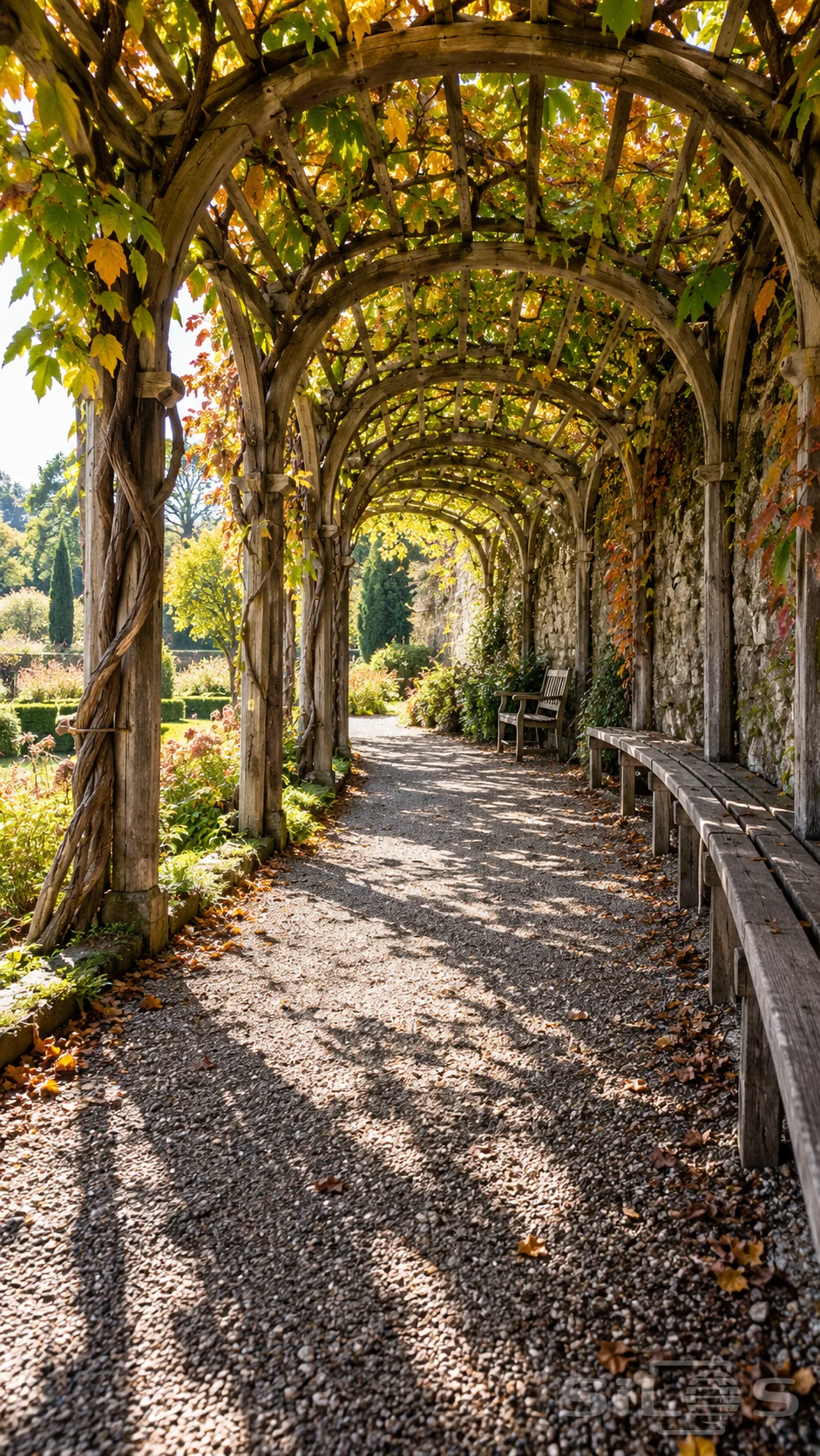 A curved timber pergola covered in yellow and green vine leaves shelters a gravel path and wooden benches beside a stone wall.