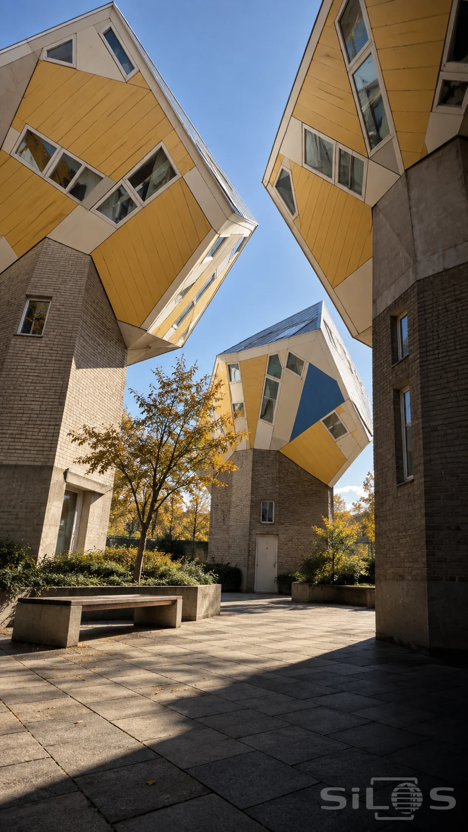 Three tilted cube houses with yellow panels, ivory edges and a cobalt side stand on solid brick cores around a paved courtyard.