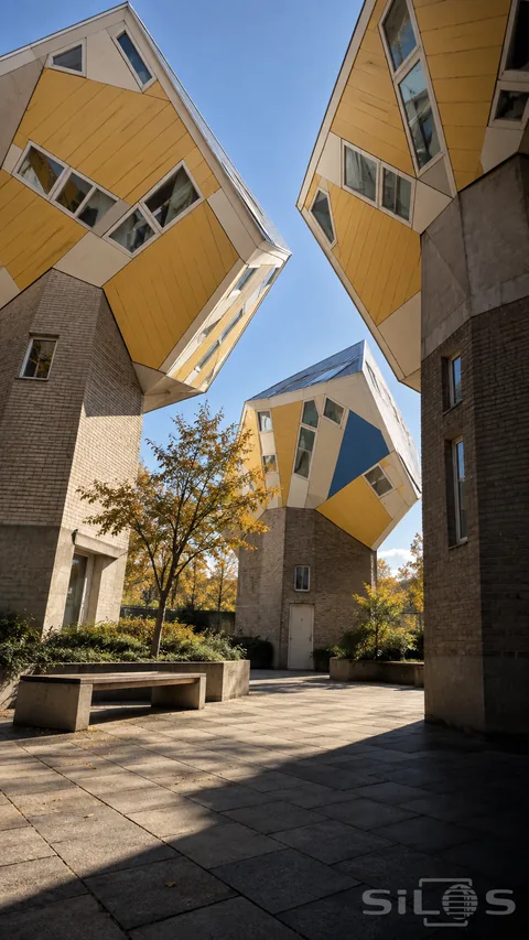 Three tilted cube houses with yellow panels, ivory edges and a cobalt side stand on solid brick cores around a paved courtyard.