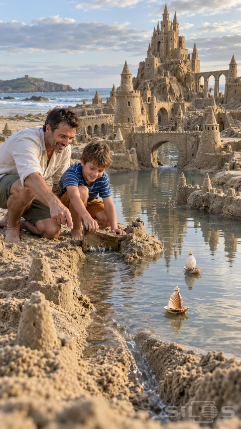 A father and son lift a small wooden gate beside a sand city canal; with shell sailboats; carved towers and the sea behind.
