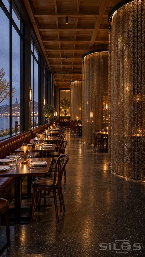 Tall curved bronze chainmail curtains beside dark dining tables and a leather banquette overlooking water at dusk