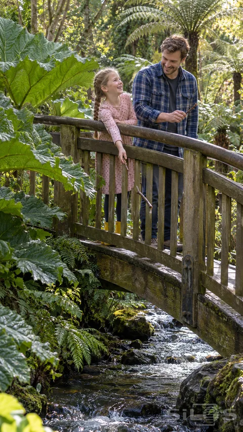 A father and daughter laugh together during a stick race on a wooden fern bridge above a leafy woodland stream.